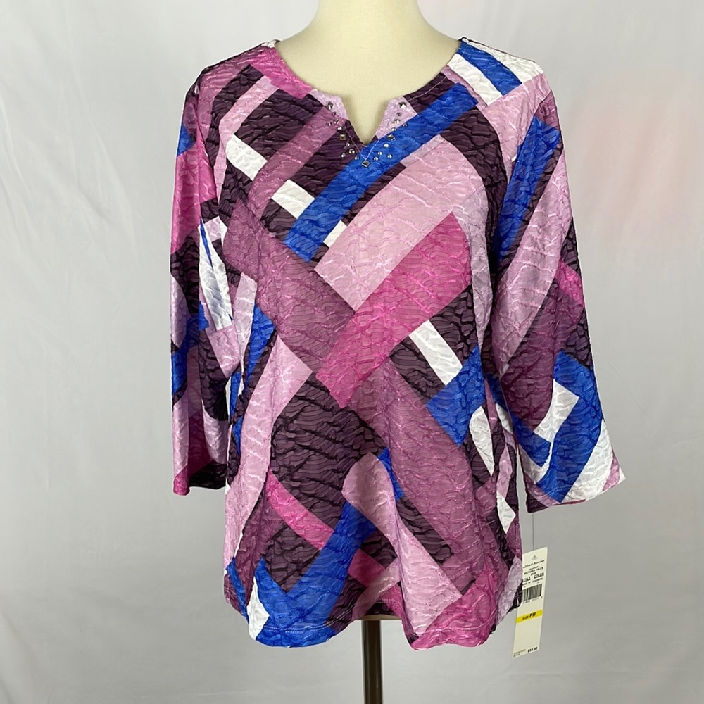 NWT Alfred Dunner Pink & Blue Toned Crinkly Blouse - Size Medium Petite